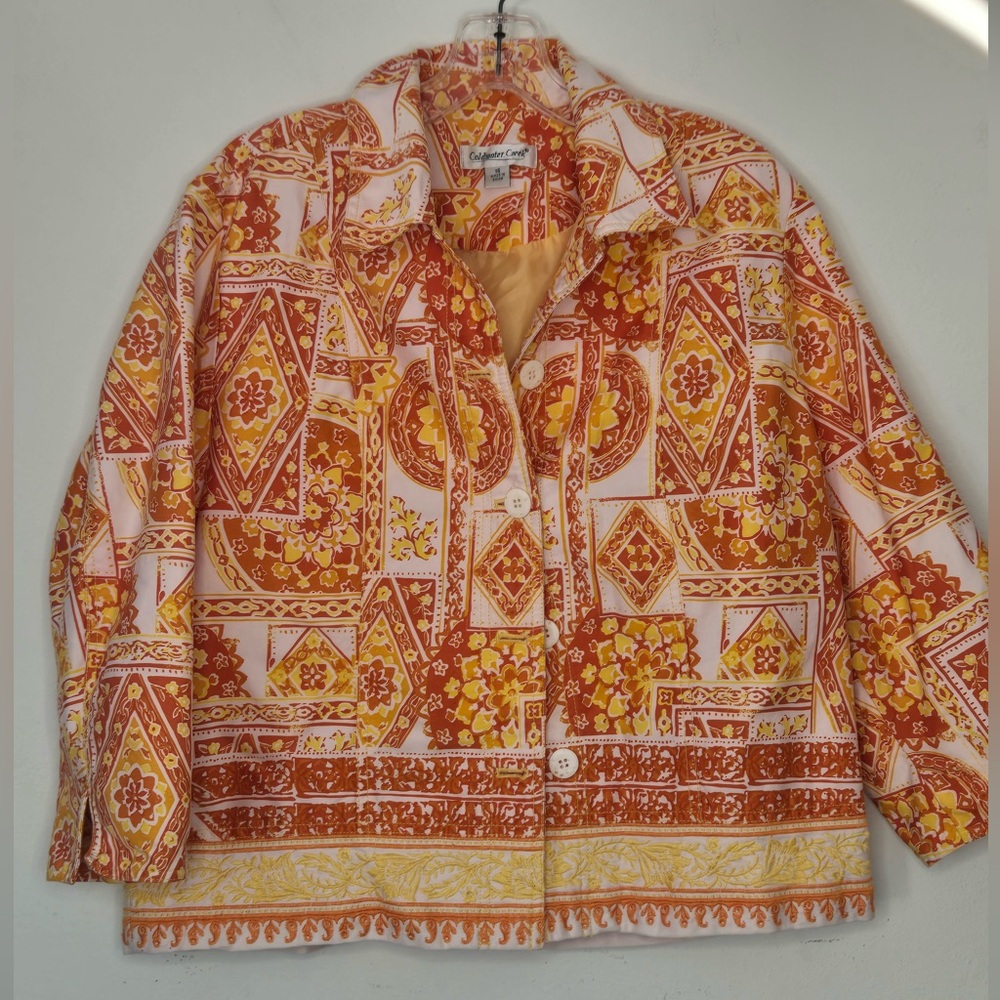 Coldwater Creek Boho Jacket Blazer Orange Yellow Print Lined Size 16